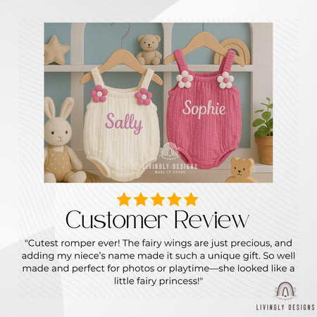 Custom Name Fairy Baby Romper, Embroidered Name Onesie Wings | Floral Detail, Baby Shower Gift | First Birthday Outfit, Personalized Gift