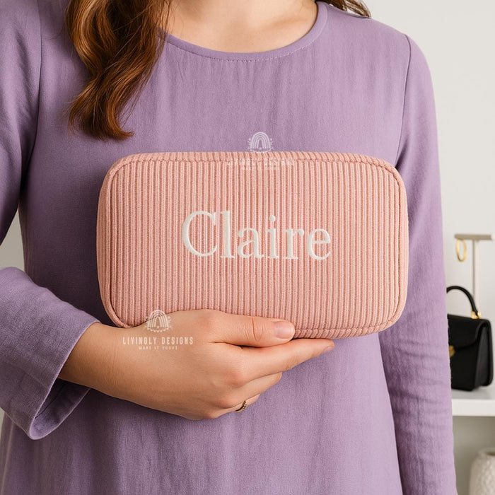 Custom Bridesmaid Gift Makeup Bag, Embroidered Corduroy Travel Organizer, Personalized Name Cosmetic Pouch, Wedding Party Gift Idea