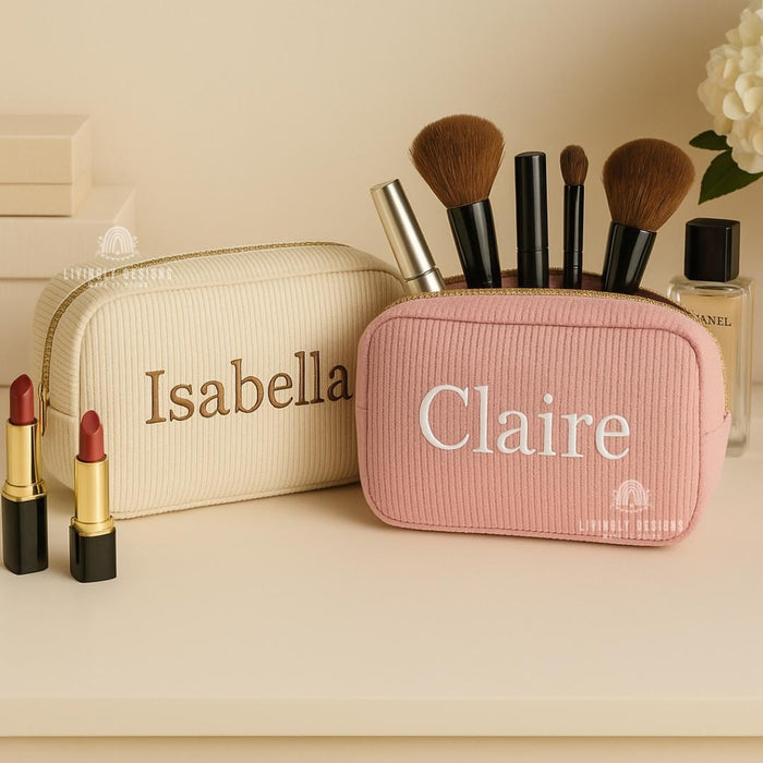 Custom Bridesmaid Gift Makeup Bag, Embroidered Corduroy Travel Organizer, Personalized Name Cosmetic Pouch, Wedding Party Gift Idea