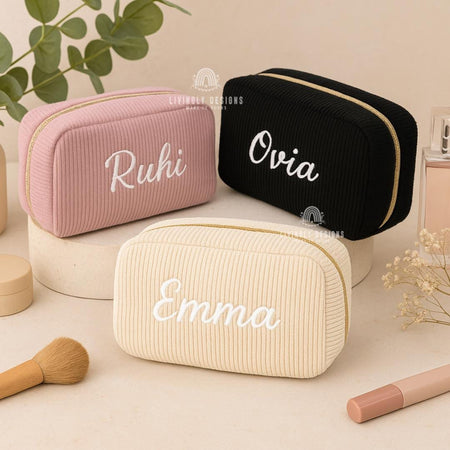 Custom Bridesmaid Gift Makeup Bag, Embroidered Corduroy Travel Organizer, Personalized Name Cosmetic Pouch, Wedding Party Gift Idea