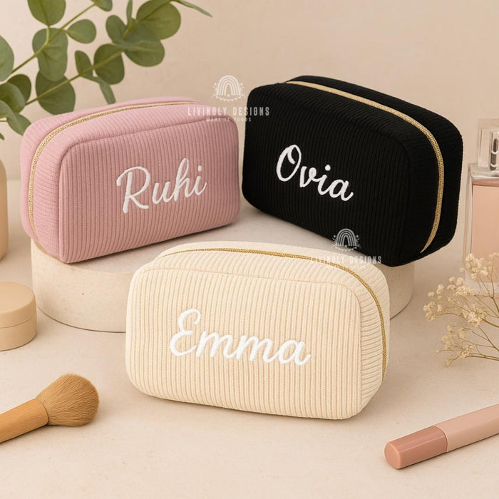 Custom Bridesmaid Gift Makeup Bag, Embroidered Corduroy Travel Organizer, Personalized Name Cosmetic Pouch, Wedding Party Gift Idea