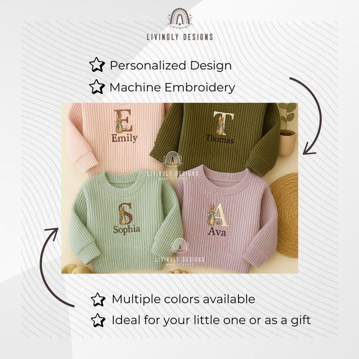 Personalized Bunny Letter Baby Sweater | Custom Toddler Sweater, Embroidered Name Gift, Easter Outfit | Animal Initial Sweater Rabbit Letter