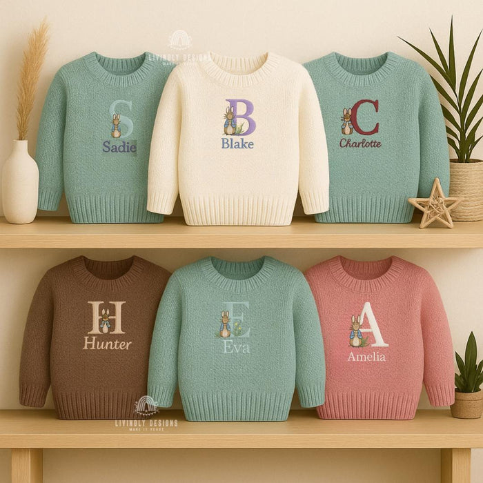 Personalized Bunny Letter Baby Sweater | Custom Toddler Sweater, Embroidered Name Gift, Easter Outfit | Animal Initial Sweater Rabbit Letter