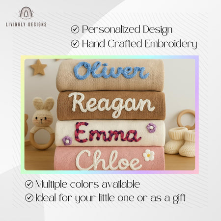 Custom Name Baby Blanket Hand Embroidered | Personalized Kids Blanket | Toddler Keepsake Blanket | Soft, Comfy Baby Blanket | Unique Blanket