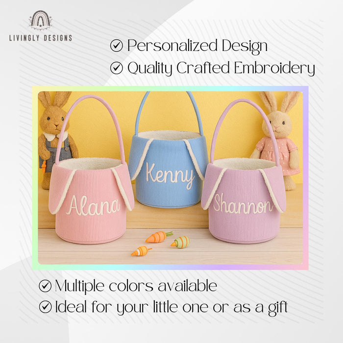 Custom Name Embroidered Bunny Basket | Corduroy Easter Basket for Kids | Easter Egg Hunt Bag | Cute Personalized Gift for Child | Tote Bag