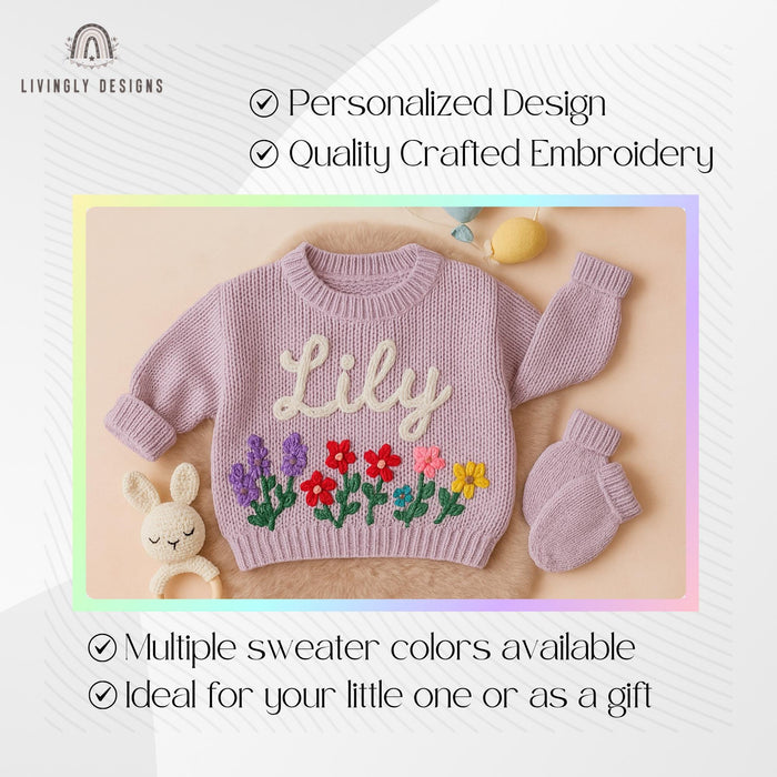 Personalized Name Floral Baby Sweater Jumper | Hand Embroidered Jumper Gift | Custom Baby Sweater | Baby Toddler Sweater | Baby Girl Gift