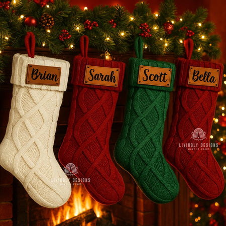 Custom Christmas Name Stocking with Laser Engraved Leather Patch | Knit Stocking with Name, Rustic Holiday Decor | Personalized Xmas Gift