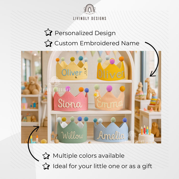 Personalized Name Linen Baby Crown Birthday Party Hat