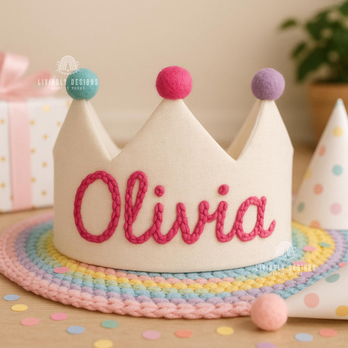 Personalized Name Linen Baby Crown Birthday Party Hat
