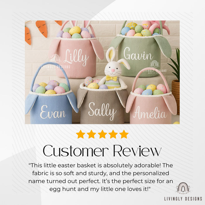 Custom Name Embroidered Bunny Basket | Corduroy Easter Basket for Kids | Easter Egg Hunt Bag | Cute Personalized Gift for Child | Tote Bag