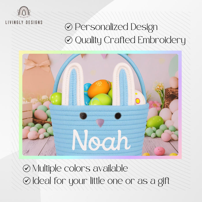 Custom Name Easter Basket For Kids | Personalized Bunny Baskets Gift | Cotton Rope Basket | Custom Boy Girl Easter Basket Egg Hunt Basket