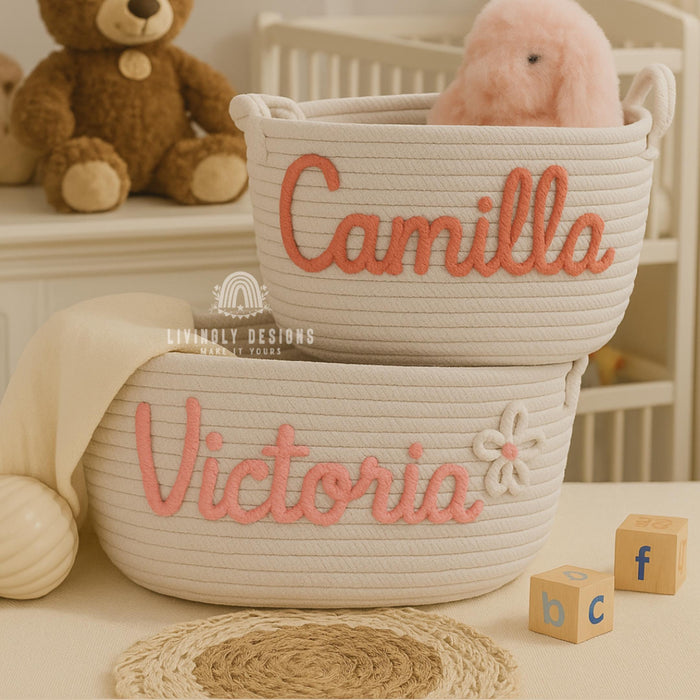 Custom Name Embroidered Rope Basket Nursery Toy Storage