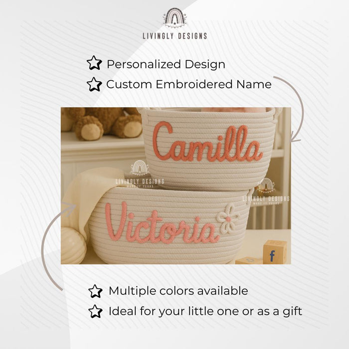 Custom Name Embroidered Rope Basket Nursery Toy Storage