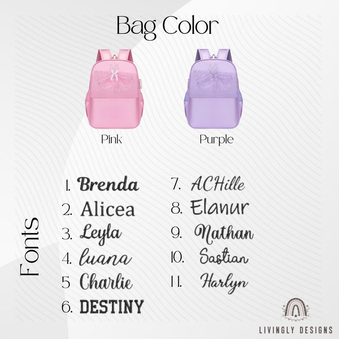 Custom Name Girls Tutu Ballet Backpack | Lightweight School Bag with Tutu | Personalized Pink Purple Backpack for Kids | Ballerina Backpack