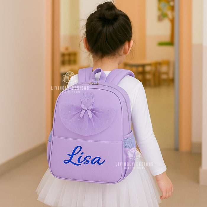 Custom Name Girls Tutu Ballet Backpack | Lightweight School Bag with Tutu | Personalized Pink Purple Backpack for Kids | Ballerina Backpack