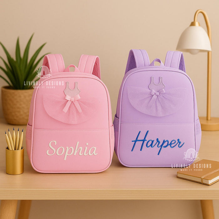 Custom Name Girls Tutu Ballet Backpack | Lightweight School Bag with Tutu | Personalized Pink Purple Backpack for Kids | Ballerina Backpack