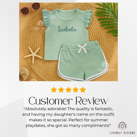 Personalized Name Toddler Outfit with Name | Baby Girl Ruffle Sleeve Top & Shorts | Custom Summer Set | Baby Girl Summer Outfit with Name