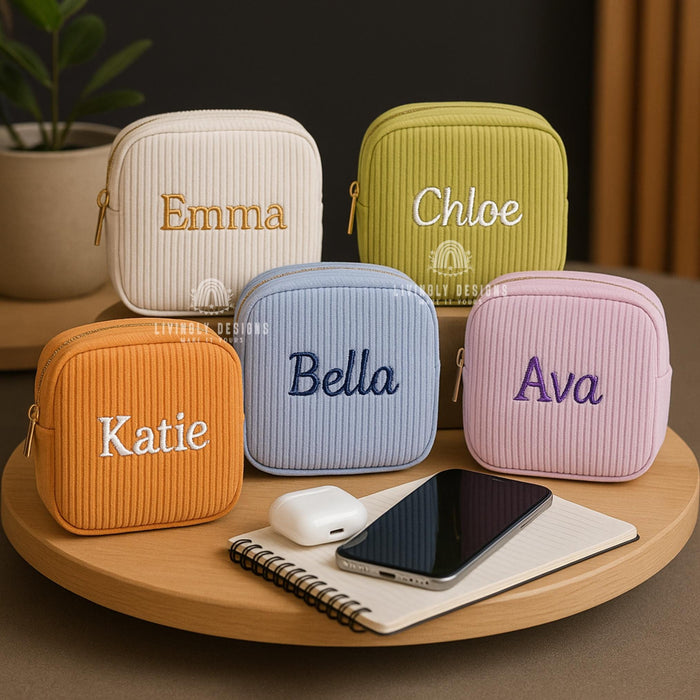 Personalized Small Embroidered Corduroy Makeup Bag