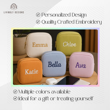 Personalized Name Makeup Bag | Custom Makeup Bag with Name | Embroidered Corduroy Pouch | Gift for Her | Bridesmaid, Birthday, or Travel