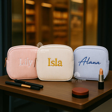 Personalized Name Makeup Bag | Custom Makeup Bag with Name | Embroidered Corduroy Pouch | Gift for Her | Bridesmaid, Birthday, or Travel