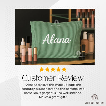 Personalized Name Corduroy Bag | Custom Name Corduroy Bag | Soft Zip Pouch for Makeup, Travel, or Storage | Gift for Women or Bridesmaids