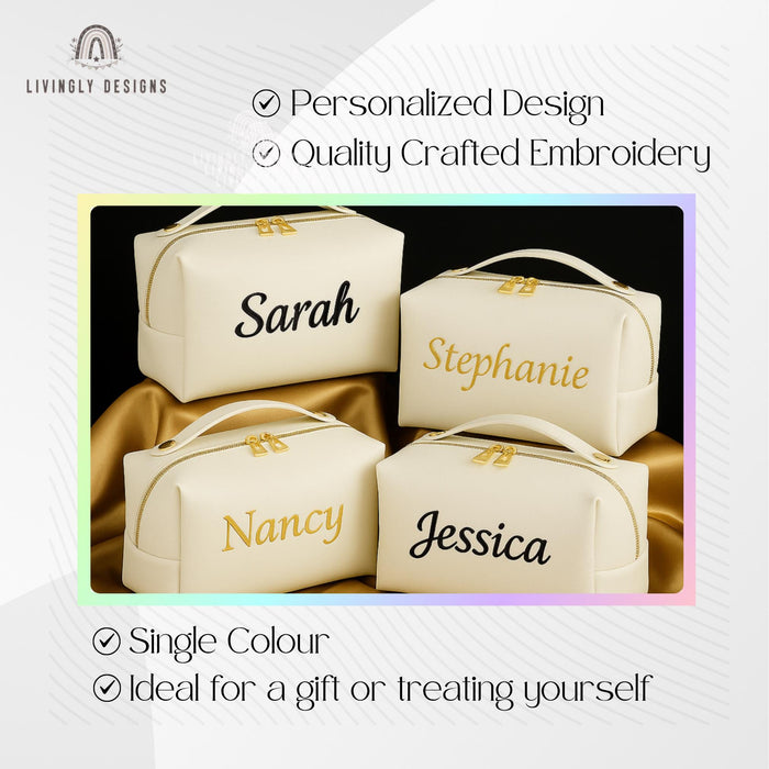 Personalized Name Leather Toiletry Bag | Custom Name Embroidered Travel Case | White Makeup Organizer | Bridesmaids Wedding Gift Idea