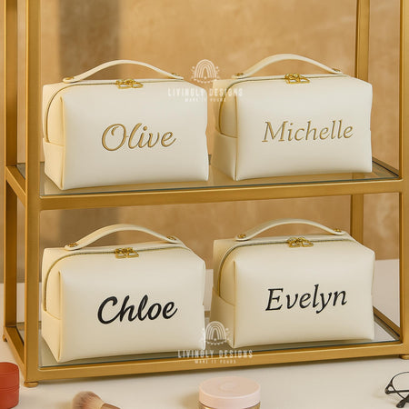 Personalized Name Leather Toiletry Bag | Custom Name Embroidered Travel Case | White Makeup Organizer | Bridesmaids Wedding Gift Idea