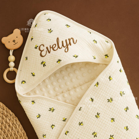 Personalized Name Patterned Baby Wrap Blanket | Embroidered Cotton Blanket for All Seasons | Stars, Moon, Rainbow, Cherry Design | Baby Gift