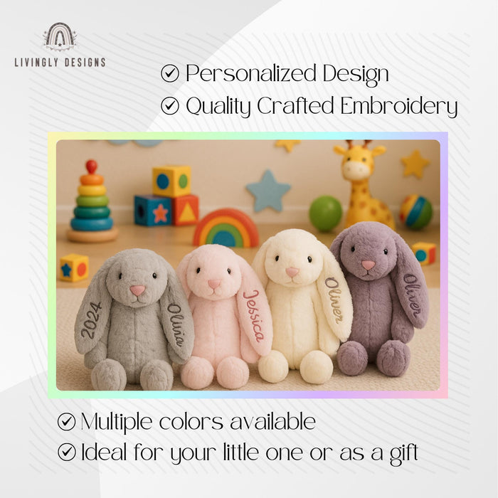 Custom Name Bunny Teddy Toy Plush | Personalized Baby Toy | Embroidered Stuffed Animal | Newborn Gift | Baby Shower Keepsake | Sleep Buddy
