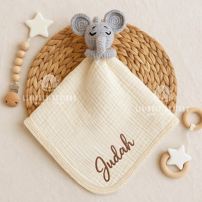 Personalized Baby Lovey Blanket with Crochet Animal