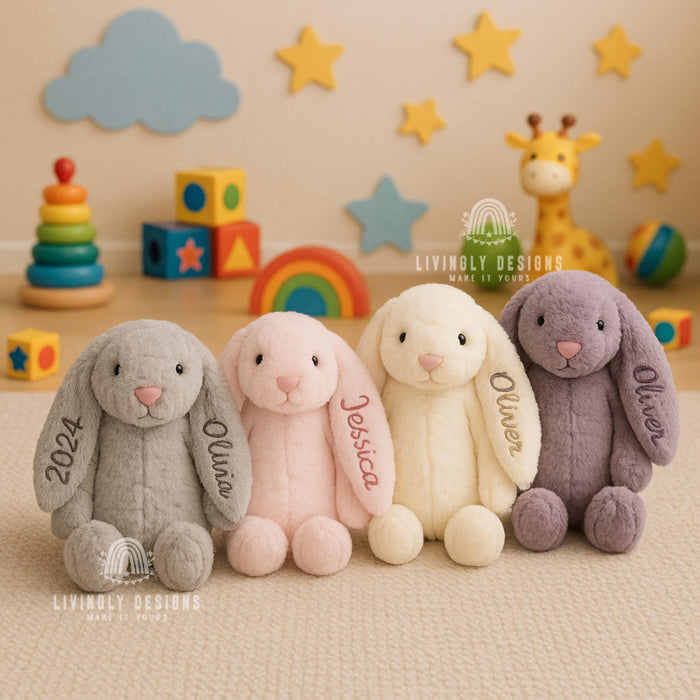 Custom Name Bunny Teddy Toy Plush | Personalized Baby Toy | Embroidered Stuffed Animal | Newborn Gift | Baby Shower Keepsake | Sleep Buddy