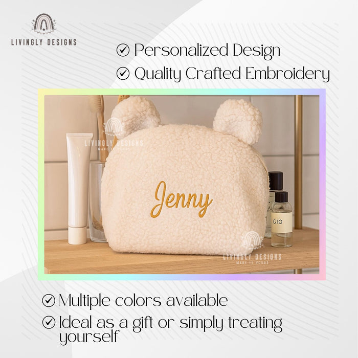 Personalized Cosmetic Bag with Name | Custom Bear Makeup Pouch | Cute Travel Toiletry Organizer | Gift for Her | Toiletry Bag | Bear Pouch