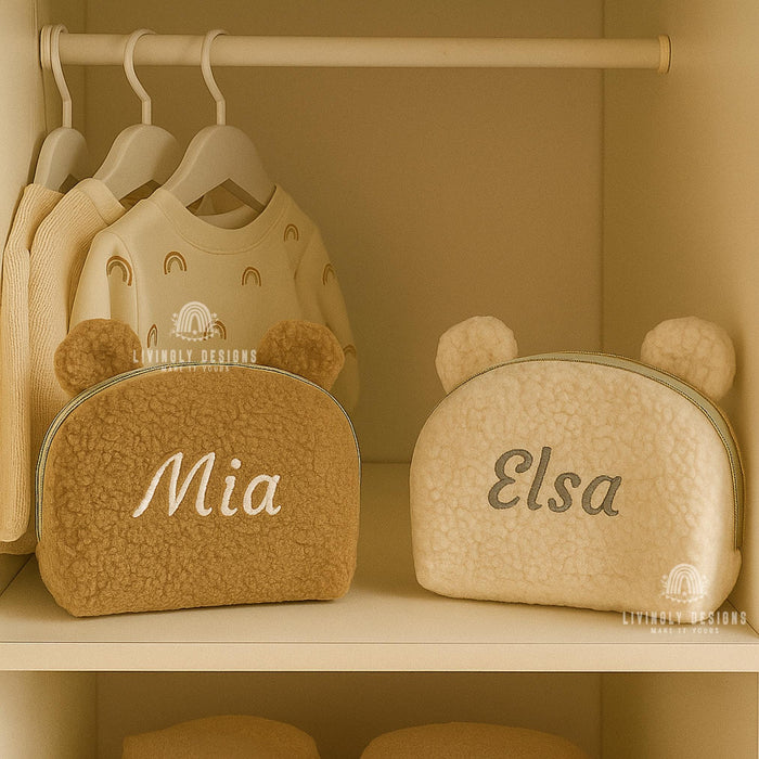 Custom Name Embroidered Plush Bear Travel Pouch