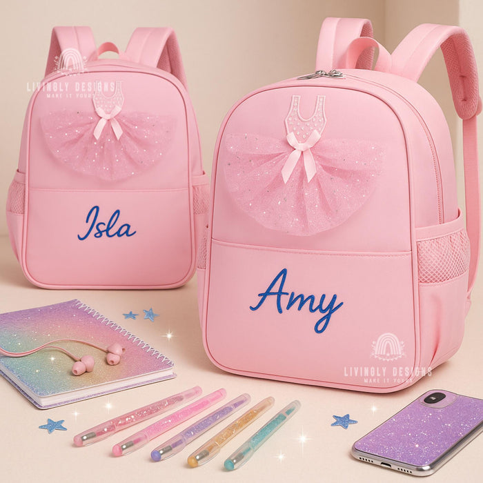 Custom Name Girls Tutu Ballet Backpack | Lightweight School Bag with Tutu | Personalized Pink Purple Backpack for Kids | Ballerina Backpack