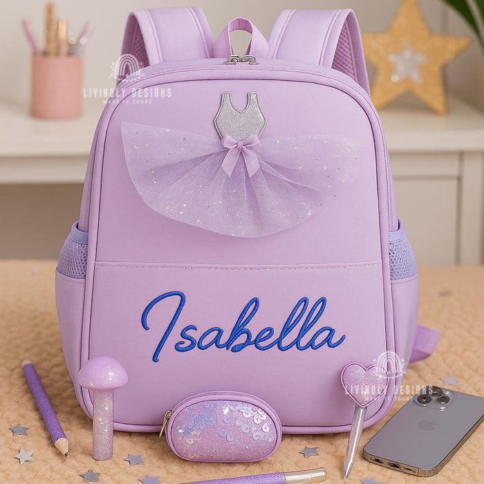 Custom Name Girls Tutu Ballet Backpack | Lightweight School Bag with Tutu | Personalized Pink Purple Backpack for Kids | Ballerina Backpack