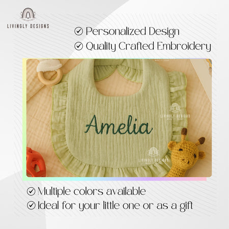 Custom Name Baby Bib with Ruffles | Personalized Cotton Bib with Name | Cute & Practical Gift for Newborns, Infants, Toddlers | Baby Gift