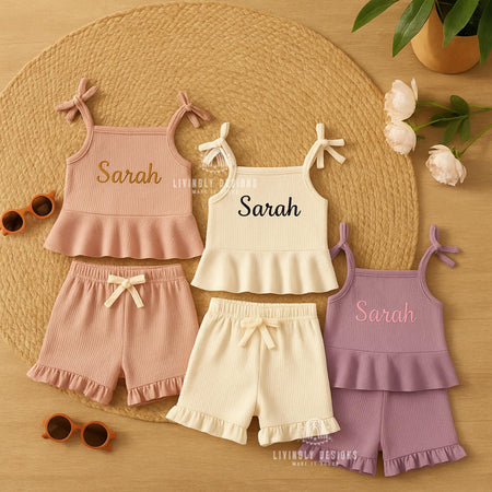 Personalized Name Baby, Kids Girl Summer Set | Custom Name Ruffle Top & Shorts | Toddler Outfit for Birthday or Beach | Custom Name Outfit