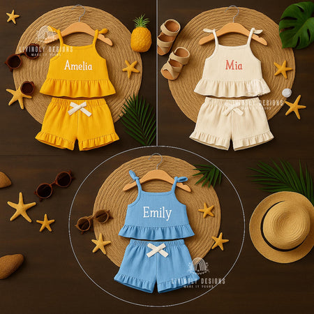 Personalized Name Baby, Kids Girl Summer Set | Custom Name Ruffle Top & Shorts | Toddler Outfit for Birthday or Beach | Custom Name Outfit