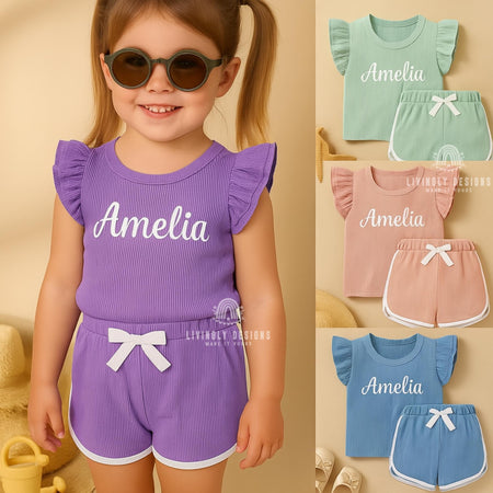 Personalized Name Toddler Outfit with Name | Baby Girl Ruffle Sleeve Top & Shorts | Custom Summer Set | Baby Girl Summer Outfit with Name