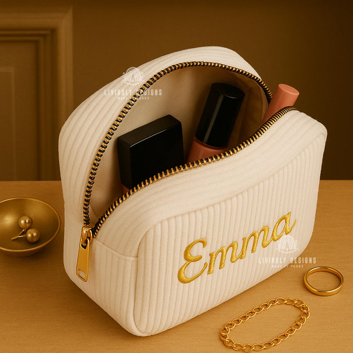 Personalized Small Embroidered Corduroy Makeup Bag
