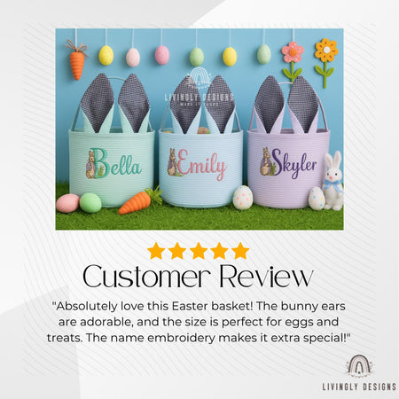 Personalized Name Easter Basket Bunny Ears for Kids | Custom Name Embroidery | Bunny Gift Bag, Egg Hunts & Easter Gifts | Easter Basket Gift