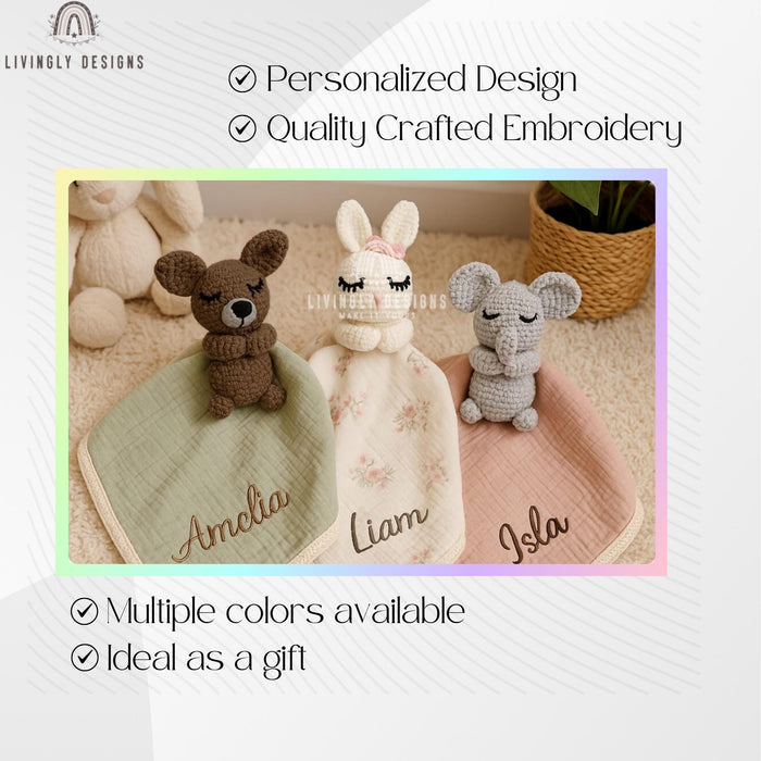 Custom Name Baby Blanket with Knitted Animal | Personalized Lovey Blanket | Stuffed Animal Gift | Custom Baby Comforter, Name Announcement