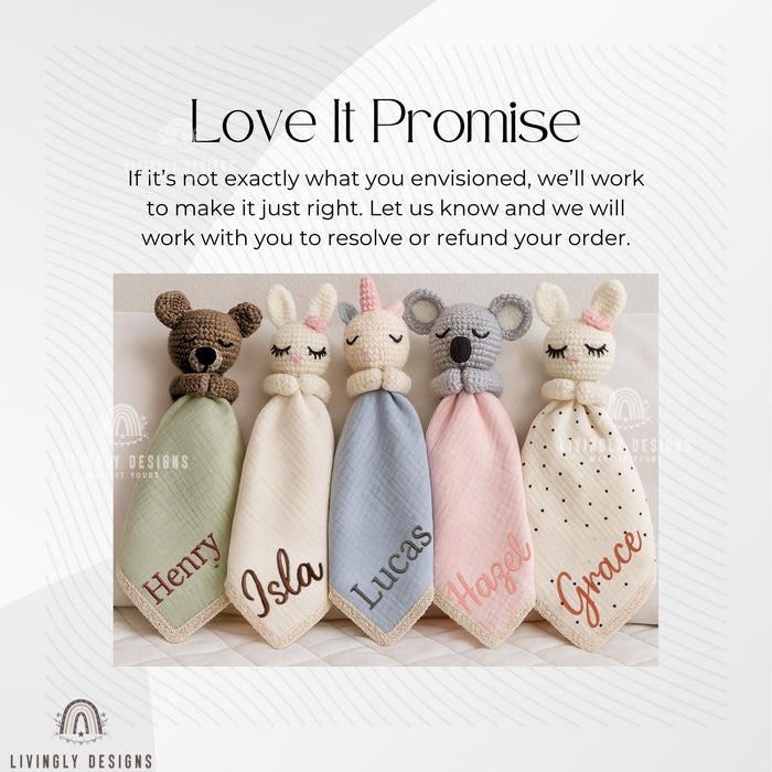 Custom Name Baby Blanket with Knitted Animal | Personalized Lovey Blanket | Stuffed Animal Gift | Custom Baby Comforter, Name Announcement