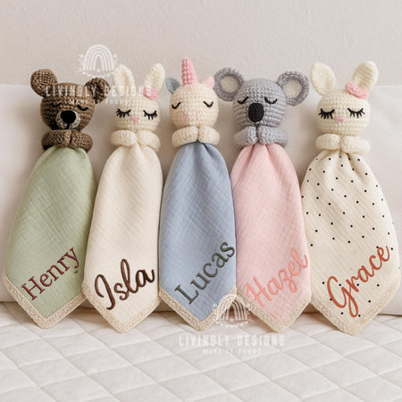 Custom Name Baby Blanket with Knitted Animal | Personalized Lovey Blanket | Stuffed Animal Gift | Custom Baby Comforter, Name Announcement