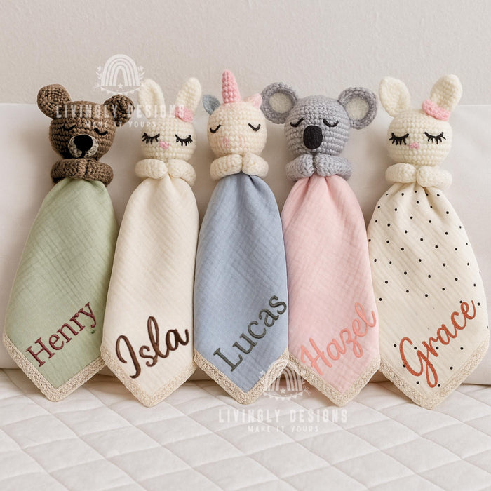 Custom Name Baby Blanket with Knitted Animal | Personalized Lovey Blanket | Stuffed Animal Gift | Custom Baby Comforter, Name Announcement