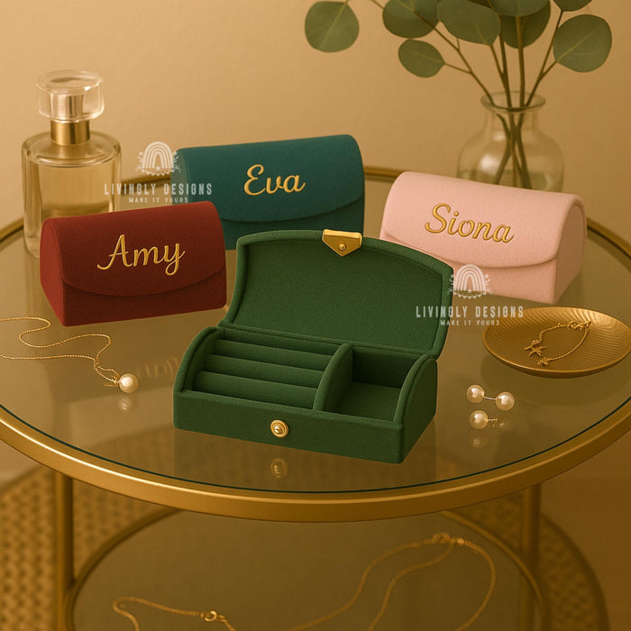 Personalized Name Velvet Jewelry Box | Custom Engraved Travel Organizer Rings, Earrings | Custom Gift | Personalised Jewelry | Gift for Her