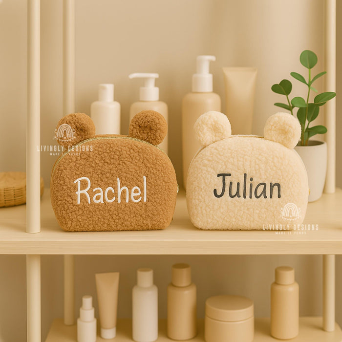 Custom Name Embroidered Plush Bear Travel Pouch