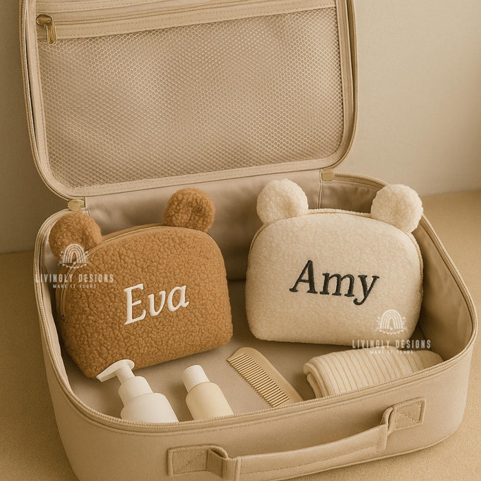 Custom Name Embroidered Plush Bear Travel Pouch