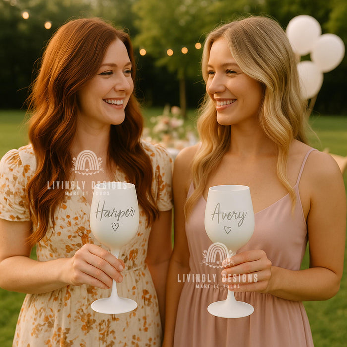 Personalized White Plastic Wine Glass: Custom Embroidered Name, Bachelorette Party Favor