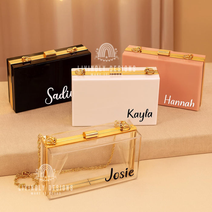 Personalized Acrylic Box Clutch: Custom Embroidered Name Wedding Purse